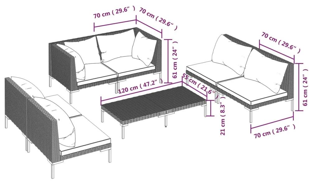 Set mobilier gradina cu perne, 7 piese, gri inchis, poliratan 4x mijloc + 2x colt + masa, 1