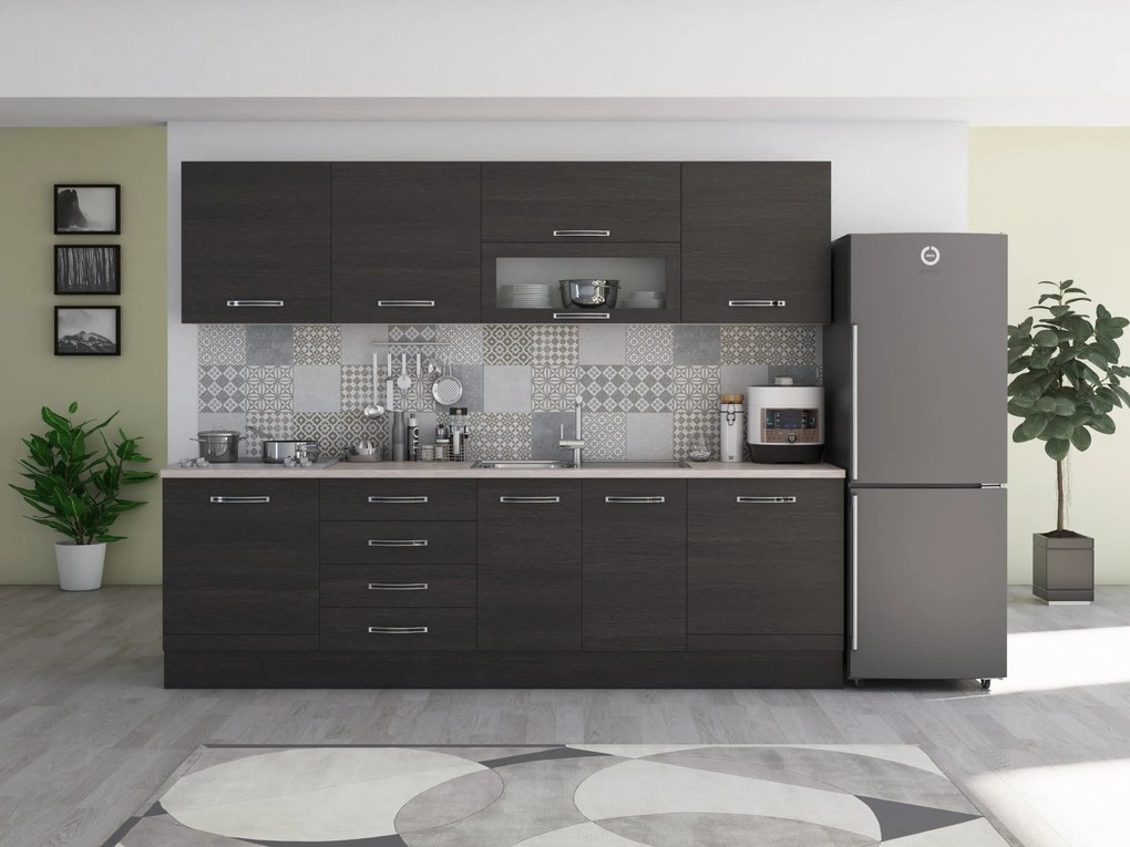 Bucatarie Alfabet cu corp vitrina, 260 cm, Wenge