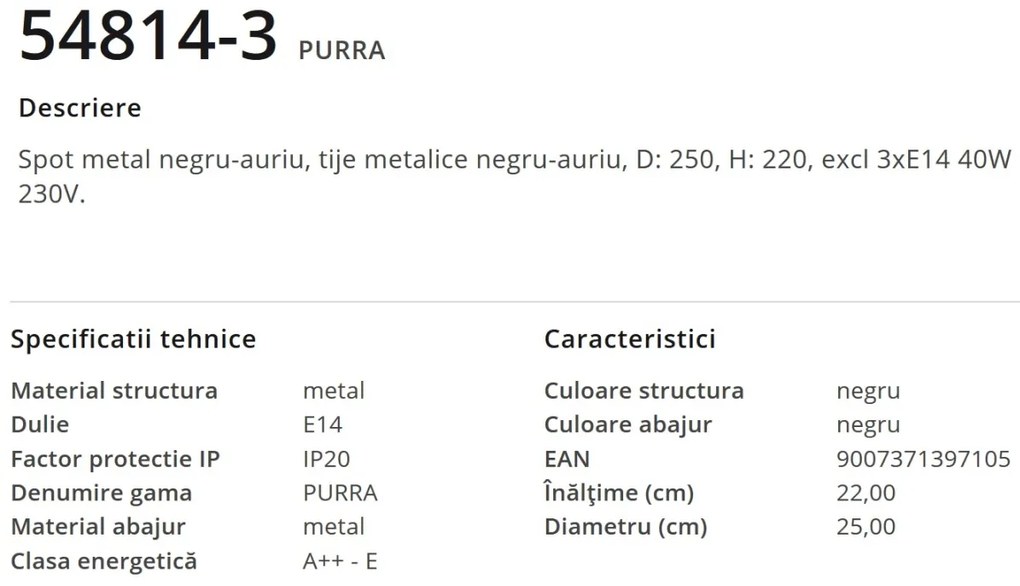 Plafoniera moderna metalica negru-aurie PURRA 3L 54814-3 GL