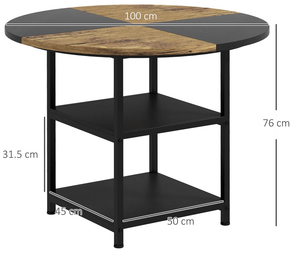 HOMCOM Masă Rotundă pentru 4-6 Persoane, Industriala, Rafturi Depozitare, 100cm, Negru | Aosom Romania