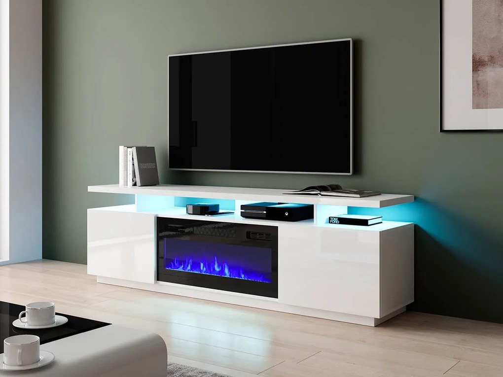 Dulap TV cu șemineu Anaceta (Alb + lucios Alb) (cu iluminat LED). Promo -16%. 1106159