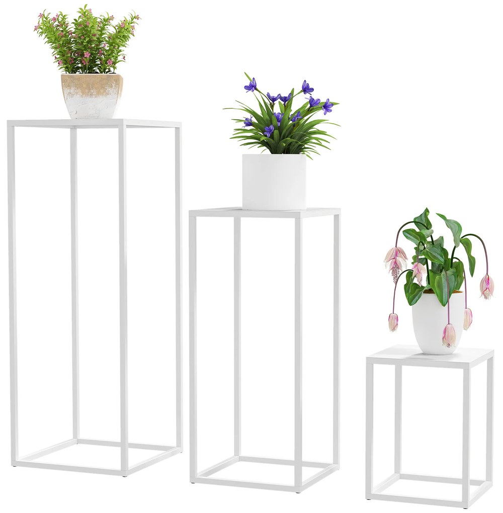 Outsunny Lot de 3 suporturi pentru plante pătrate din metal, empilabile interior și exterior, pentru grădină, balcon, casă, alb | Aosom Romania