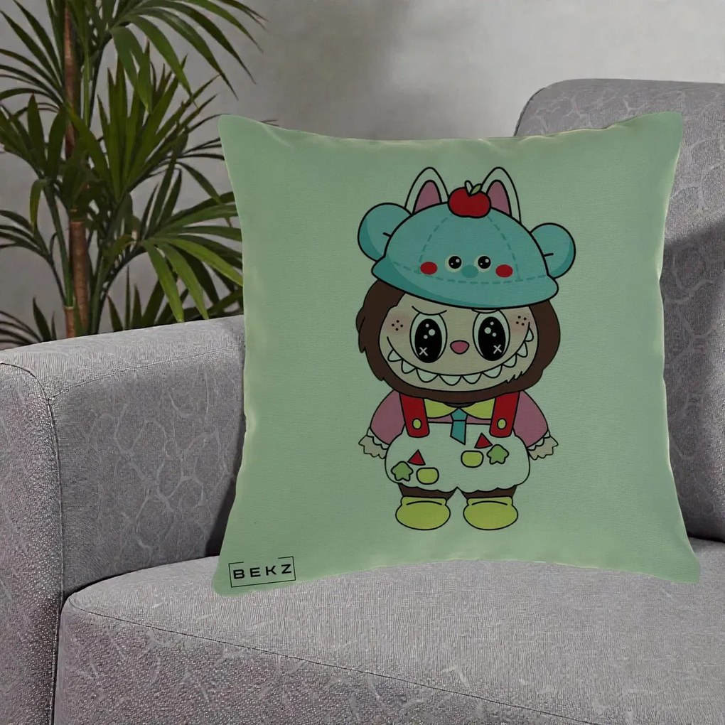 Perna Personalizata Labubu x Urs Albastru Colorat, 40x40 cm, Verde, Husa Detasabila, Perna Inclusa, BEKZ®