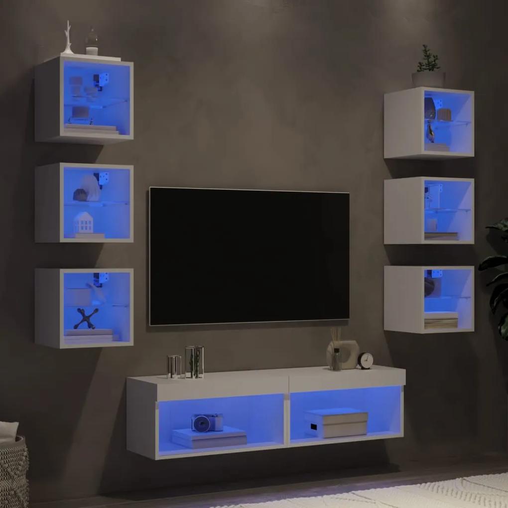 Unitati de perete TV cu LED-uri, 8 piese, alb, lemn prelucrat