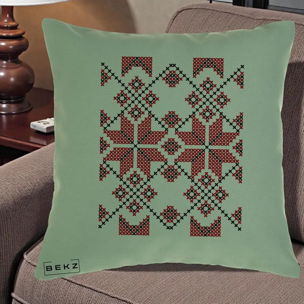 Perna Personalizata Motiv Traditional Cusatura Rosu-Negru, 40x40 cm, Verde, Husa Detasabila, Perna Inclusa, BEKZ®