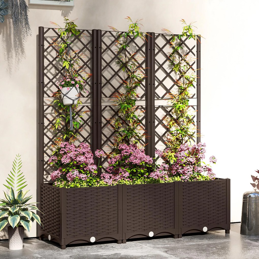 Outsunny Jardinieră cu spalier pat ridicat pentru grădină jardinieră exterioară cu 8 orificii de drenaj 120 x 40 x 135 cm maro | Aosom Romania