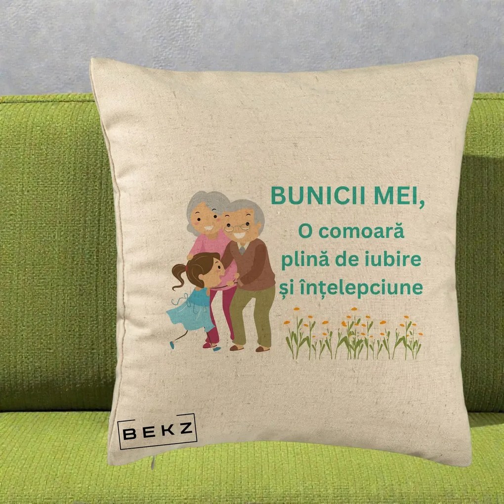 Cadou pentru Bunici - Perna Personalizata Bunicii Mei Comoara Iubire Intelepciune Nepoata, 40x40 cm, Bej, Husa Detasabila, Perna Inclusa, BEKZ®