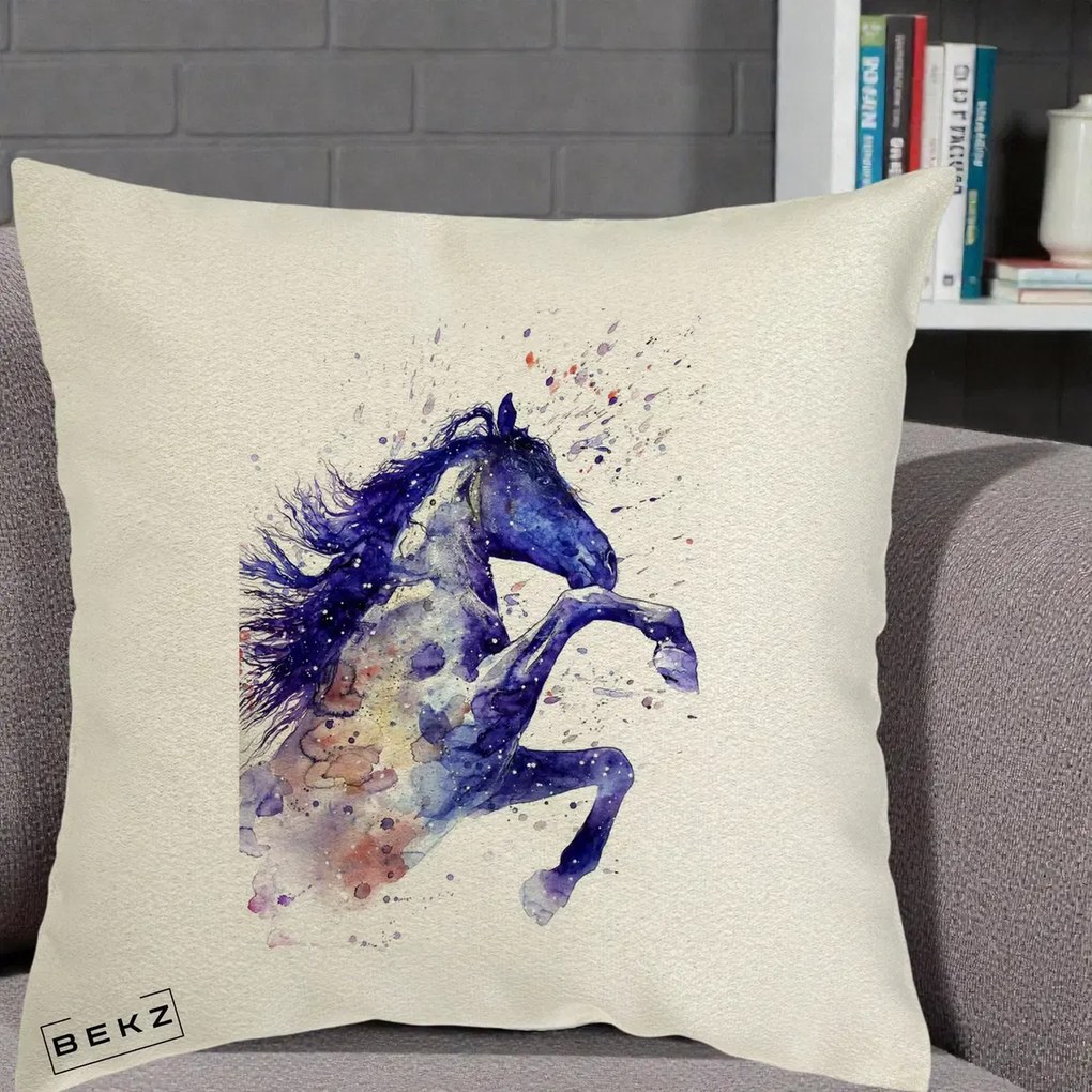 Perna Decorativa Cal Albastru Acuarela, 40x40 cm, Ecru, Husa Detasabila, Perna Inclusa, BEKZ®