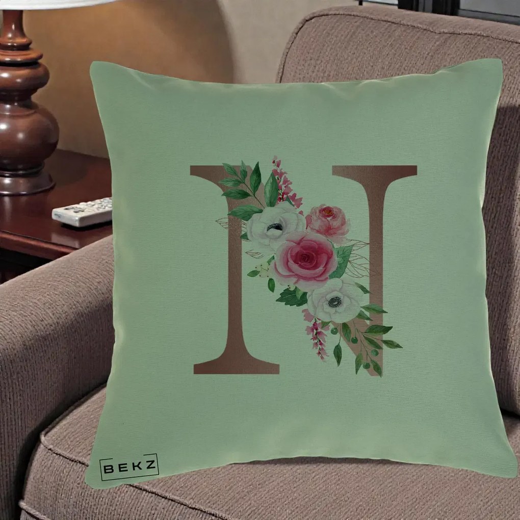 Cadou Personalizat - Perna Personalizata Monograma Rose Gold Litera N, 40x40 cm, Verde, Husa Detasabila, Perna Inclusa, BEKZ®