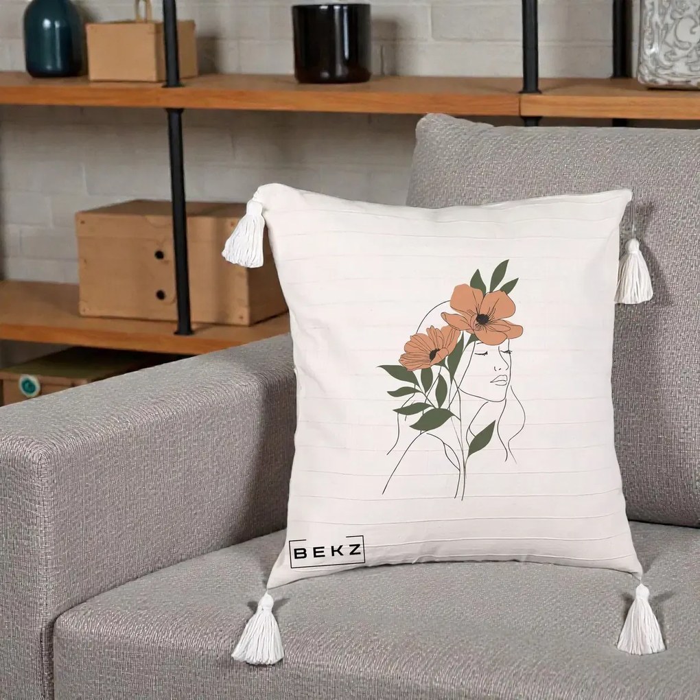 Perna Decorativa Portret Feminin Doua Maci Terracotta, 40x40 cm, Bej cu Franjuri, Husa Detasabila, Perna Inclusa, BEKZ®