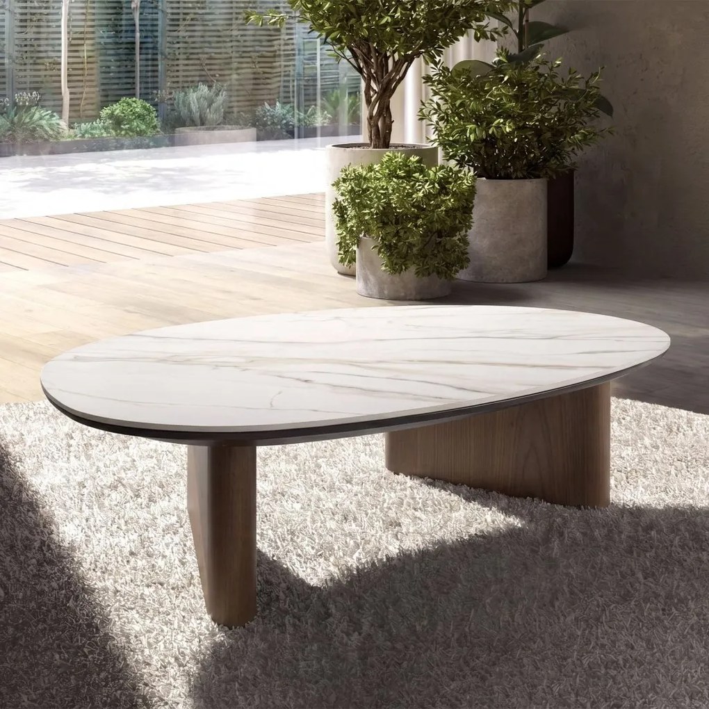 Masuta de cafea Porcelain Marble si lemn furniruit Walnut