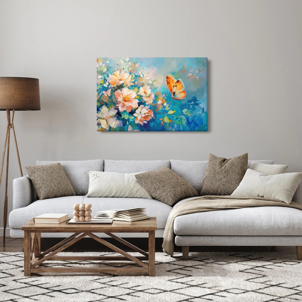 Tablou - Fluture și flori, pictură în ulei II. (90x60 cm)