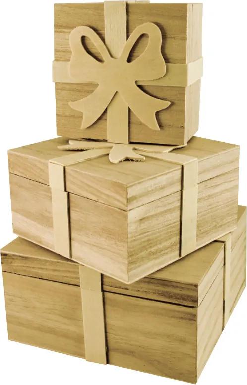 Set trei cutii cadou din lemn cu fundita