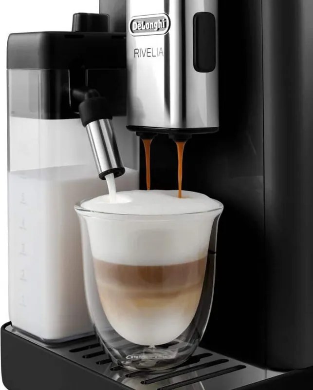Mașină de espresso DeLonghi Rivelia Onyx Black EXAM440.55.B, 1450 W, 19 bari, 1,4 L, 16 băuturi, Aroma, LatteCrema Hot, Twin Shot, Bean Adapt, ecran tactil TFT, negru mat