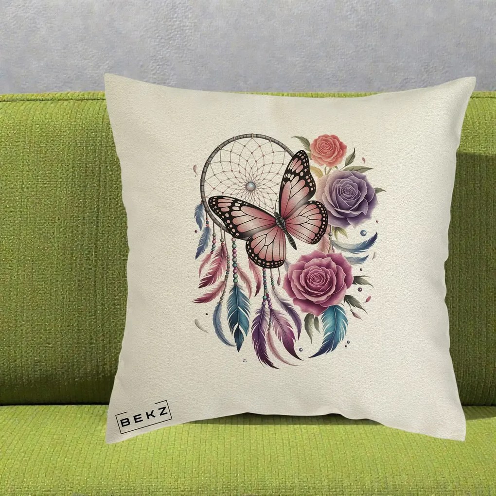 Perna Personalizata Prinzator de Vise cu Fluture si Trandafiri, 40x40 cm, Ecru, Husa Detasabila, Perna Inclusa, BEKZ®