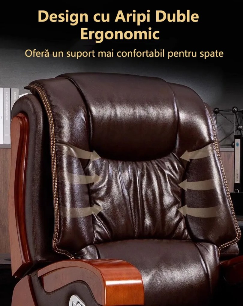 Regal Elite – Scaun directorial din Piele Naturală si Lemn Masiv, Sezut cu Arcuri, Înclinare 135°, Suport Picioare Extensibil, Maro