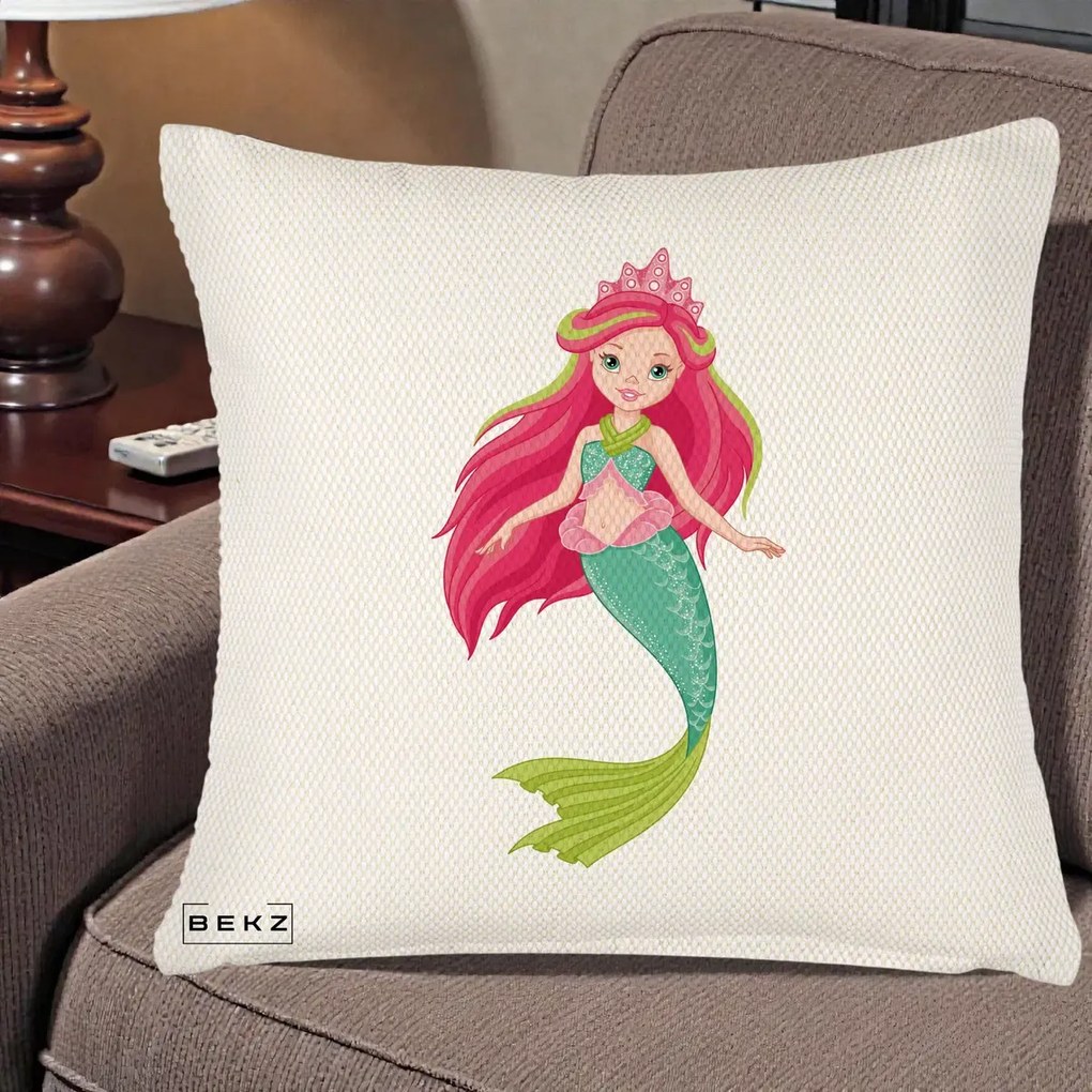 Perna Decorativa Sirena Roz cu Coroana, 40x40 cm, Crem Reliefat, Husa Detasabila, Perna Inclusa, BEKZ®