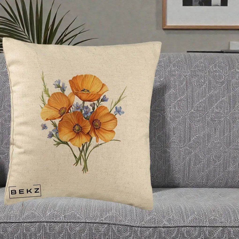 Perna Decorativa Maci Portocalii cu Floricele Albastre, 40x40 cm, Bej, Husa Detasabila, Perna Inclusa, BEKZ®