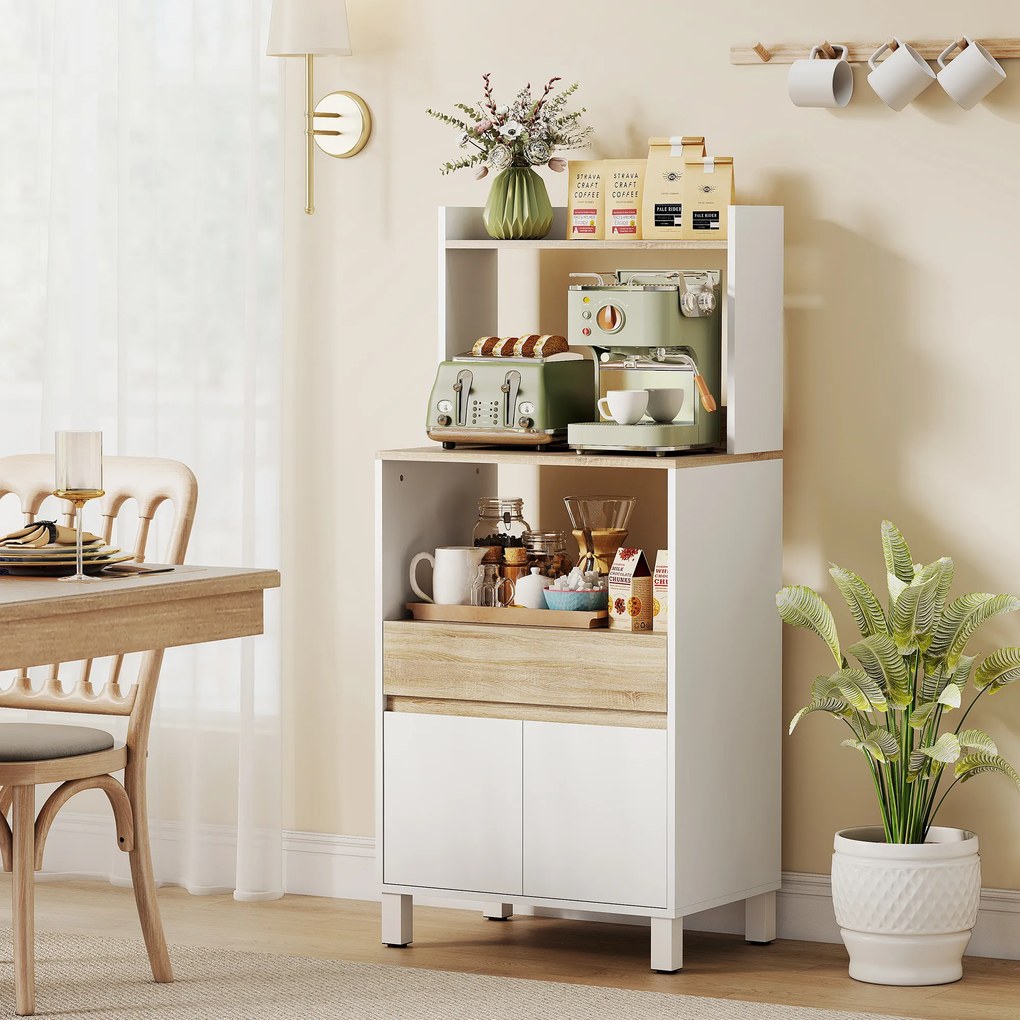 HOMCOM Dulap pentru Microunde din Lemn cu Raft, Blat Deschis, Sertar și Dulap, 60x40x131 cm, Alb | Aosom Romania