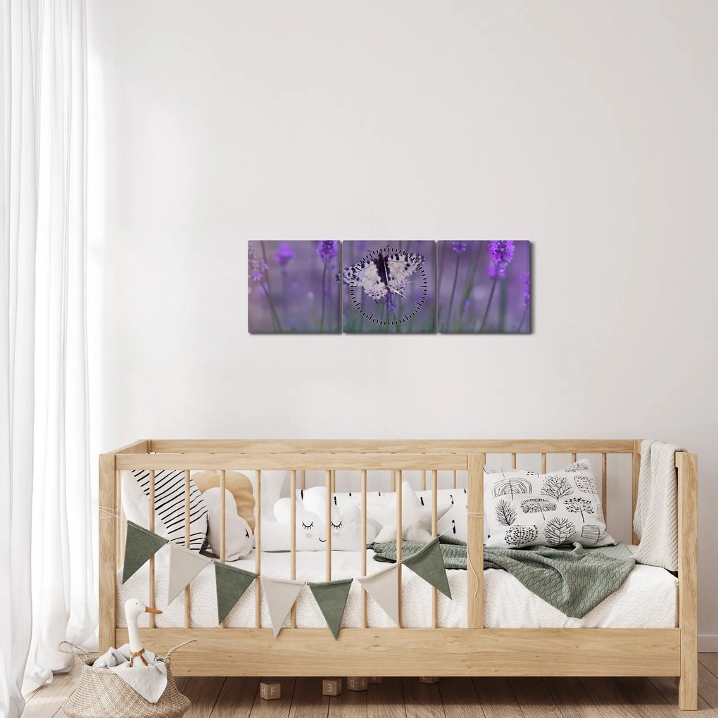 Tablou - fluture în lavandă (cu ceas) (90x30 cm)