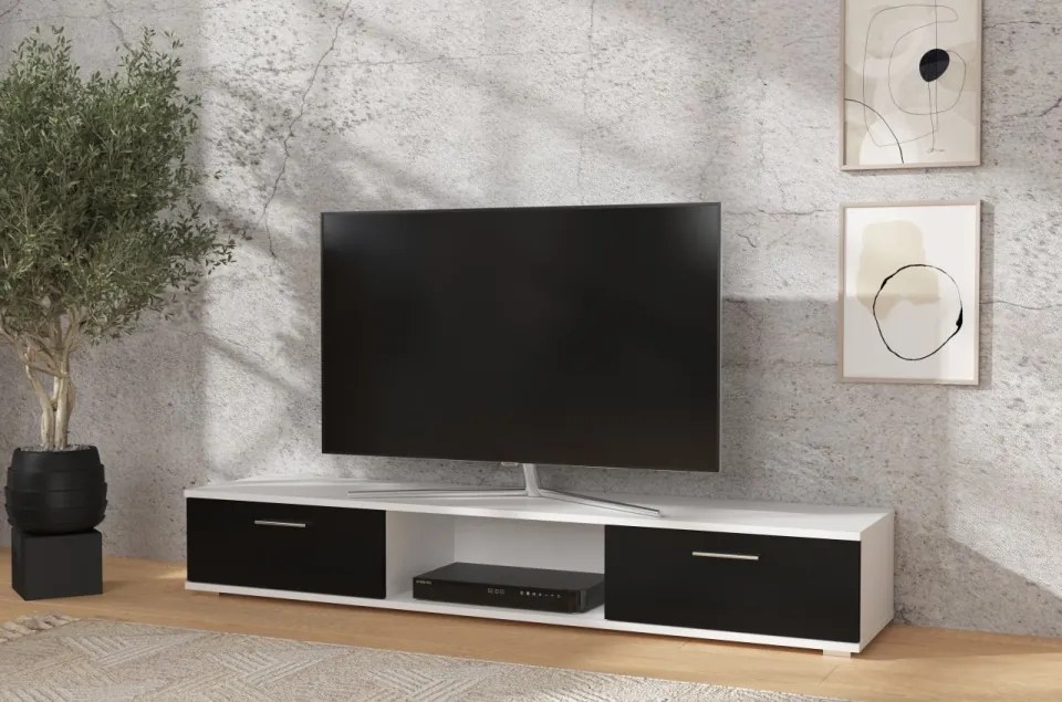 Comodă TV, 176x40x28, Sella, ADRK Furniture (Culoare: Negru Mat / Alb Mat)