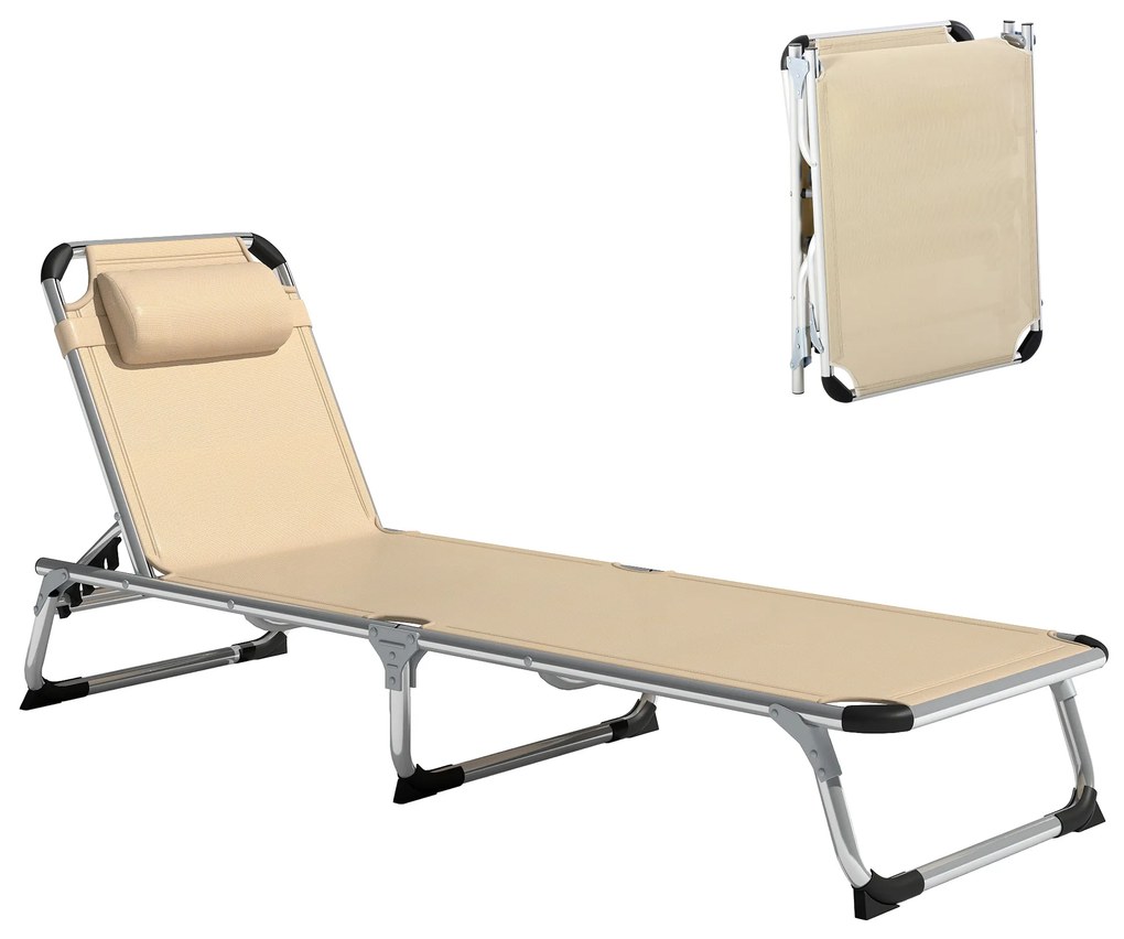 Outsunny Șezlong de plajă, chaise longue pliante cu suport pentru cap, spătar reglabil, aluminiu și textilene, bej | Aosom Romania