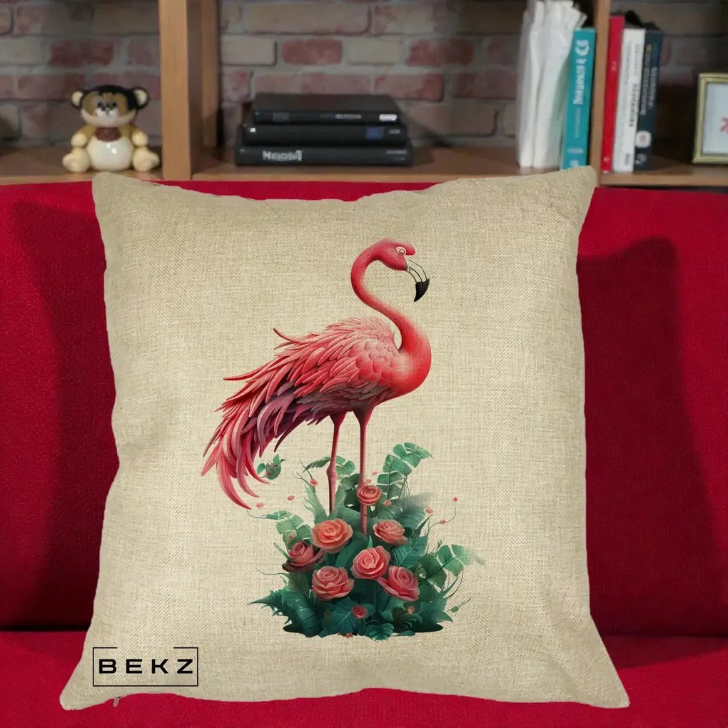 Perna Decorativa Flamingo cu Trandafiri Tropicali, 40x40 cm, Crem, Husa Detasabila, Perna Inclusa, BEKZ®