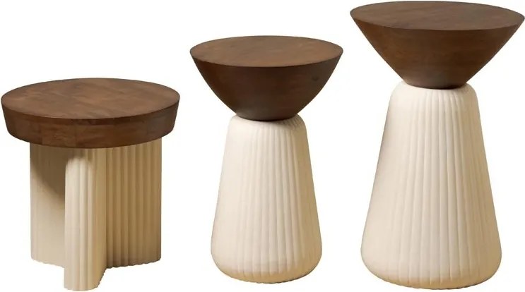 Set 3 măsuțe laterale rotunde din lemn de mango și metal, maro închis și alb, cu baze canelate, 60 x 39,5 cm, „Tribute”
