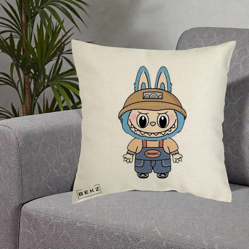 Perna Personalizata Labubu Toanart Blugi, 40x40 cm, Ecru, Husa Detasabila, Perna Inclusa, BEKZ®
