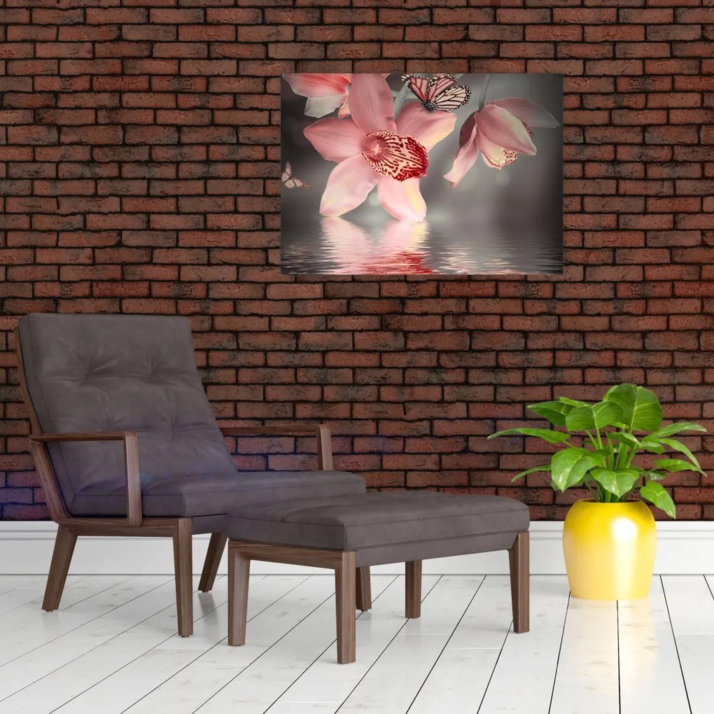 Tablou pe sticlă - Flori și fluture (70x50 cm)
