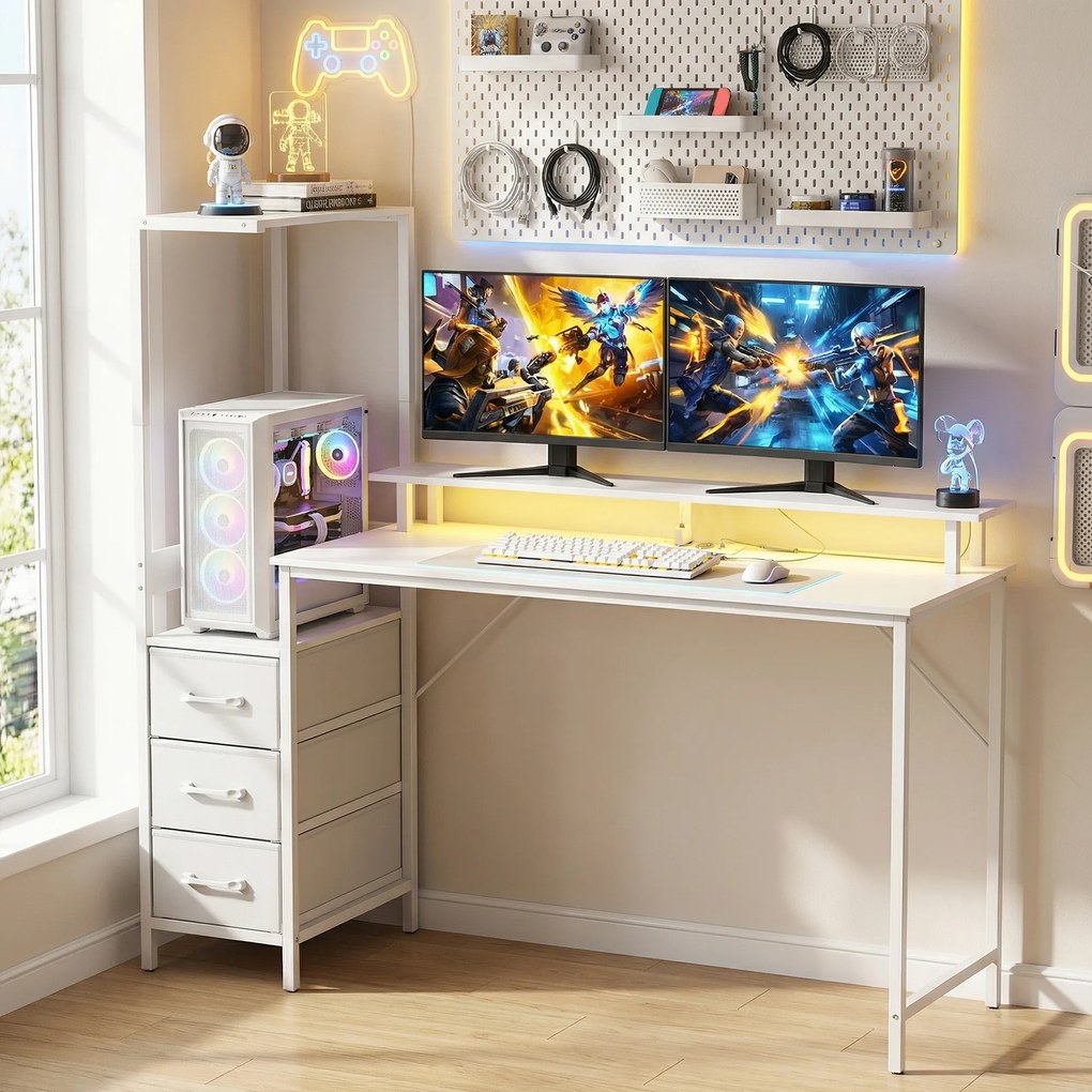 HOMCOM Birou Gaming cu Suport CPU Reglabil Reversibil și LED, 147x47 cm, Stație de Încărcare, Suport Monitor, 3 Sertare din Material Textil, pentru Acasă, Birou sau Studio, Alb | Aosom Romania