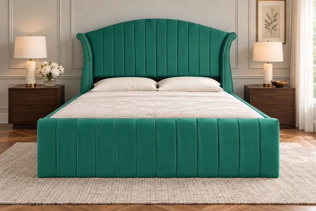 Pat tapițat din catifea Sorella Line 160×200 cm, verde, cu ladă de depozitare