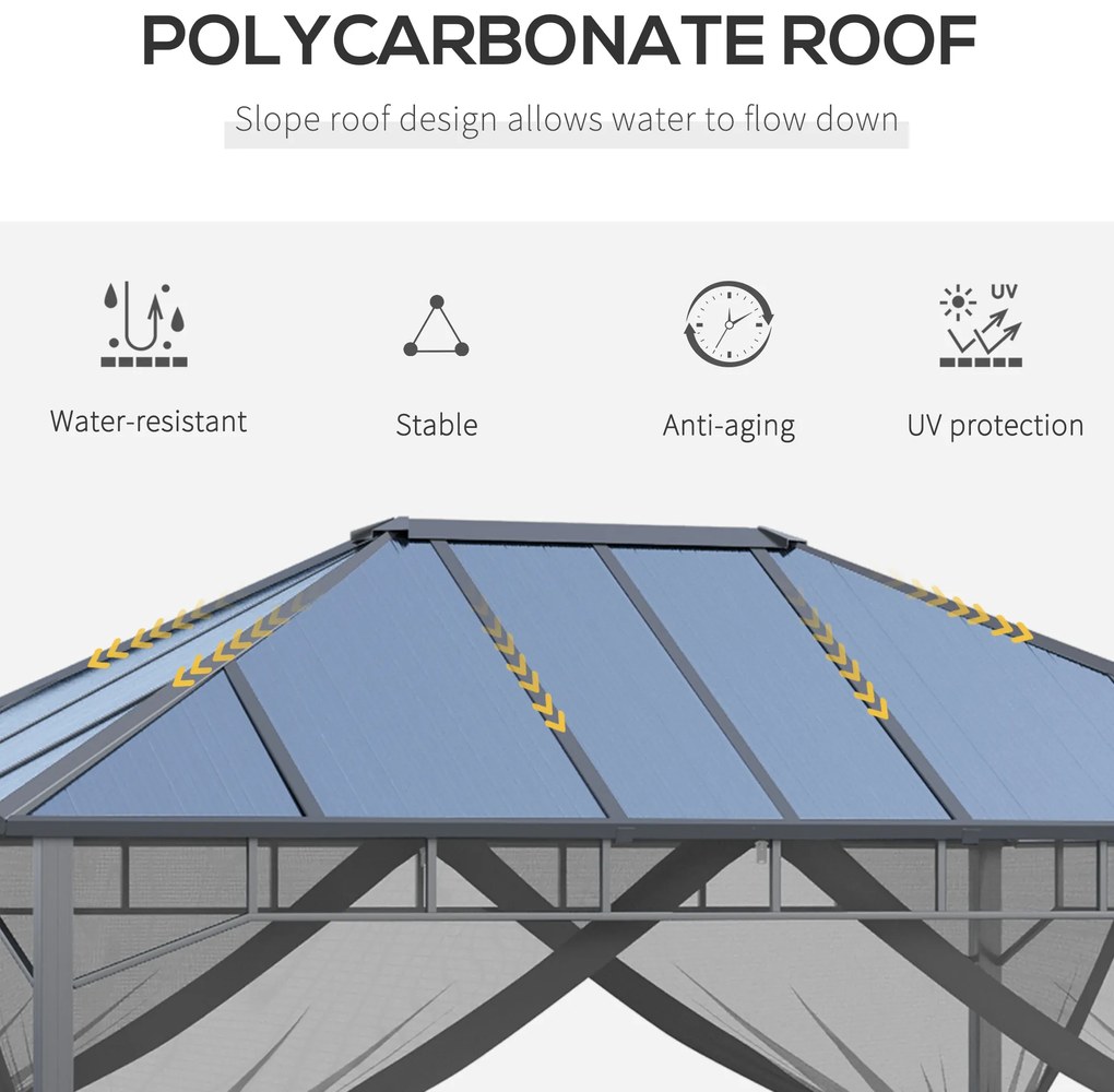 Outsunny Pavilion cu acoperis rigid din policarbonat 4 x 3 (m), Pergola cu cadru din aluminiu cu plasa, pentru gradina, veranda, Gri