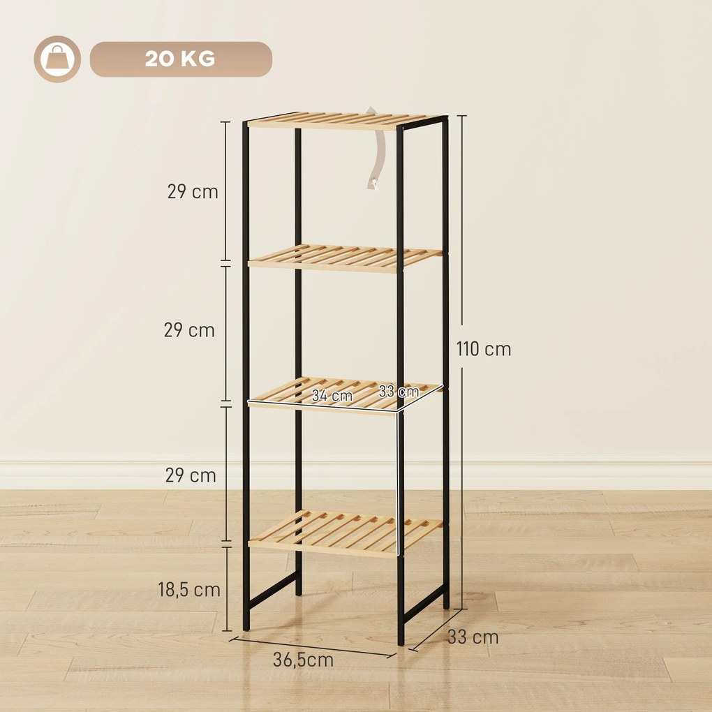 HOMCOM Raft din bambus și oțel, cu 4 polițe, raft cu 4 niveluri, 36,5 x 33 x 110 cm, lemn natural | Aosom Romania