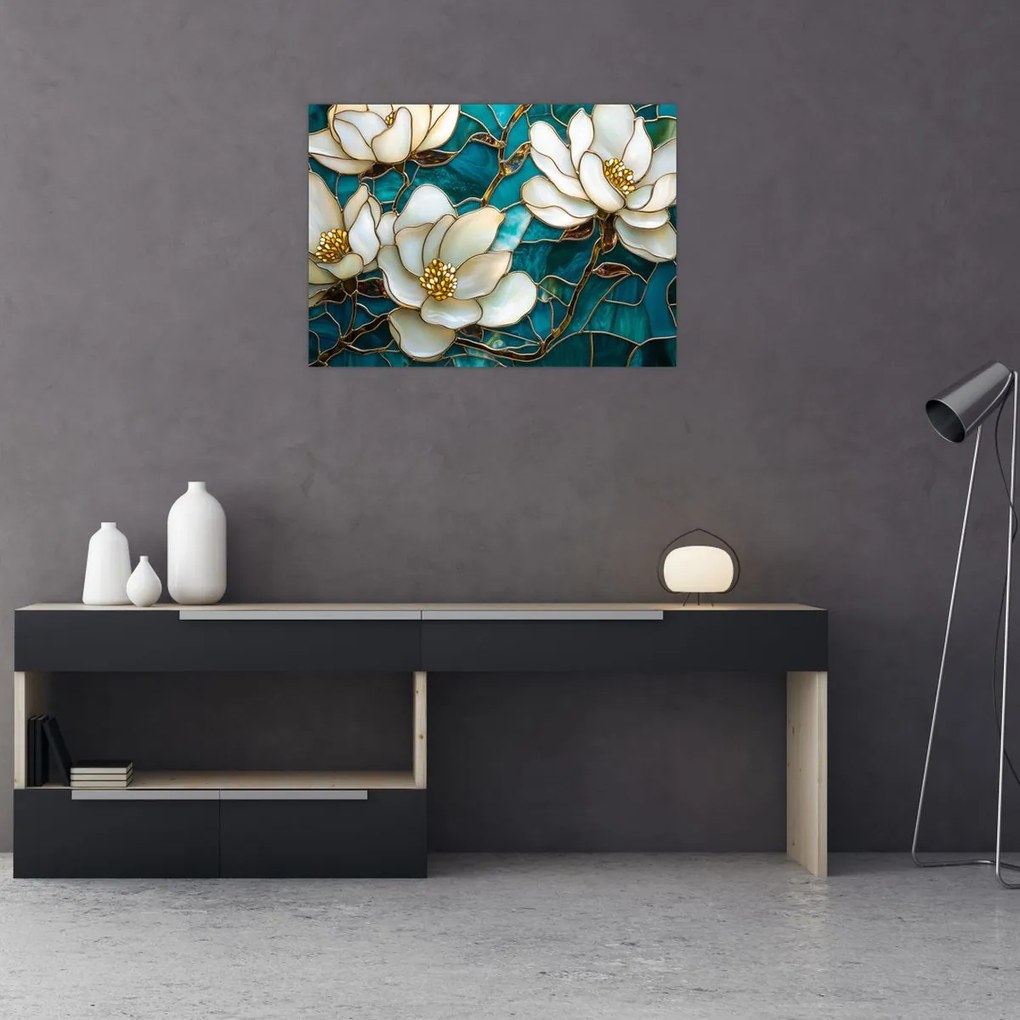 Tablou pe sticlă - Vitraliu cu magnolie (70x50 cm)