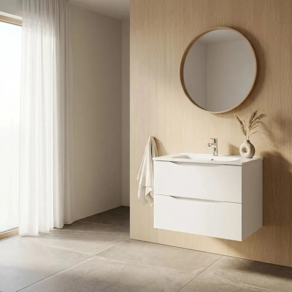 Set dulap baza suspendat Rune Asger 2 sertare 60 cm alb lucios MDF si lavoar alb