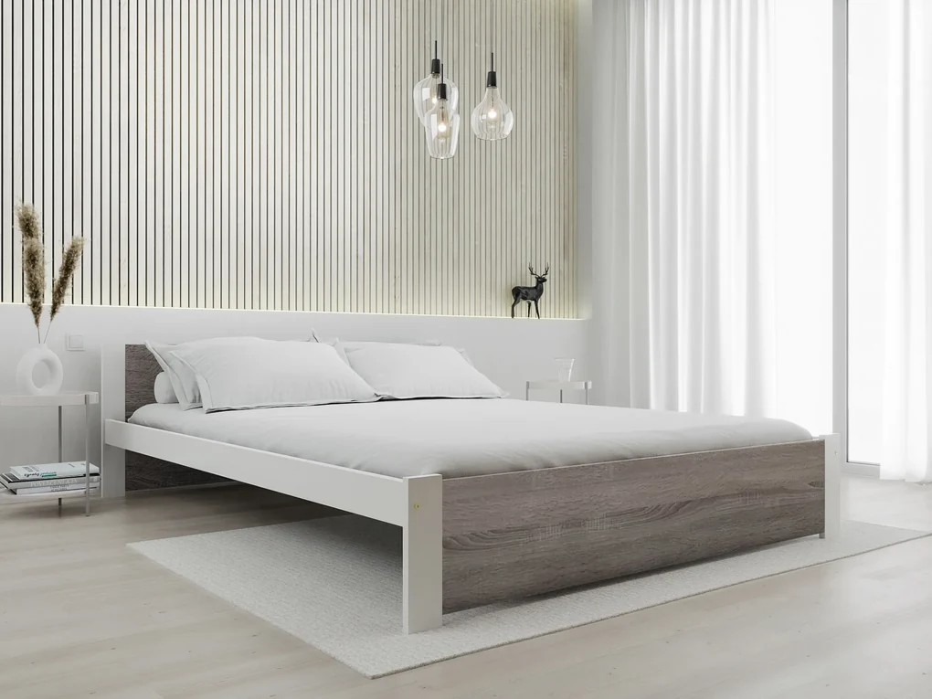 Pat dublu Culoare alb/stejar trufa, IKAROS 160 x 200 cm Saltele: Fara saltea, Somiera pat: Cu lamele curbate