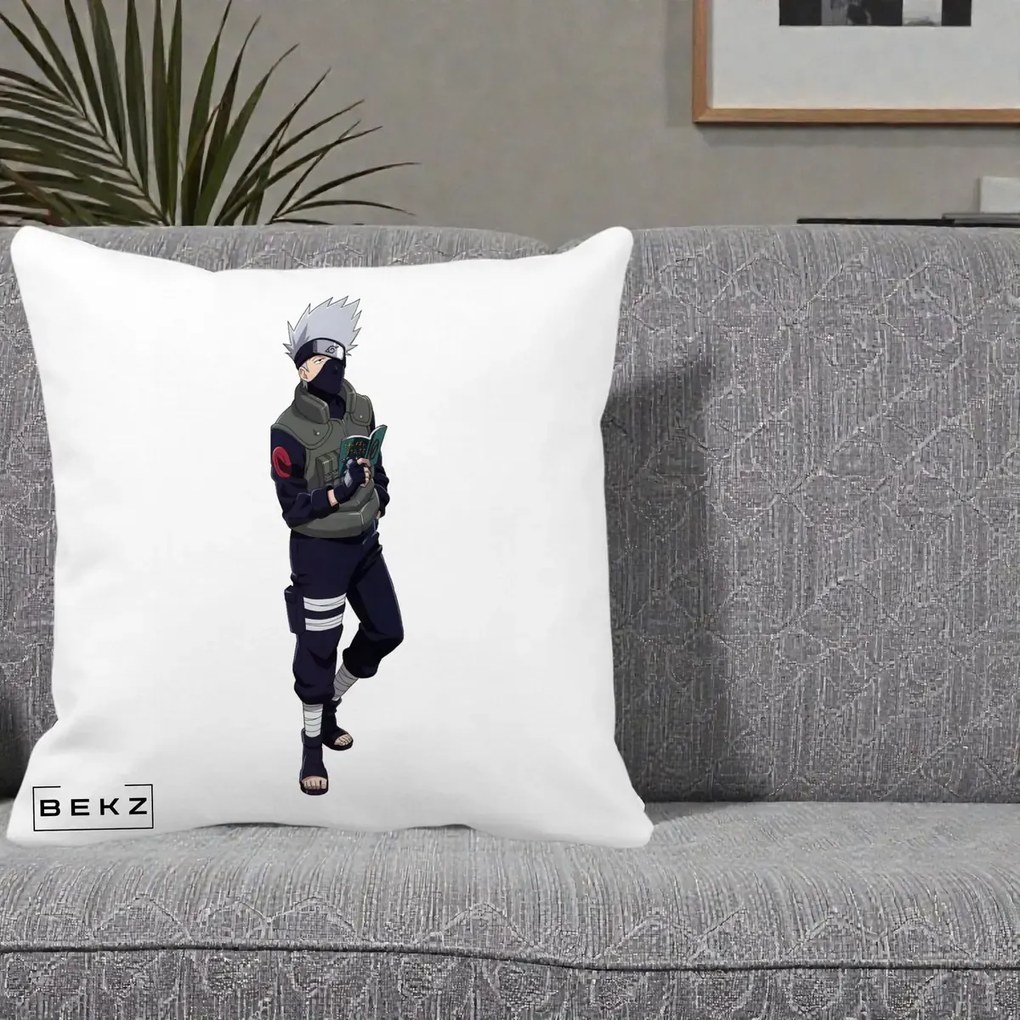 Perna Personalizata Naruto Kakashi Hatake Portret Complet, 40x40 cm, Alba Mata, Husa Detasabila, Perna Inclusa, BEKZ®