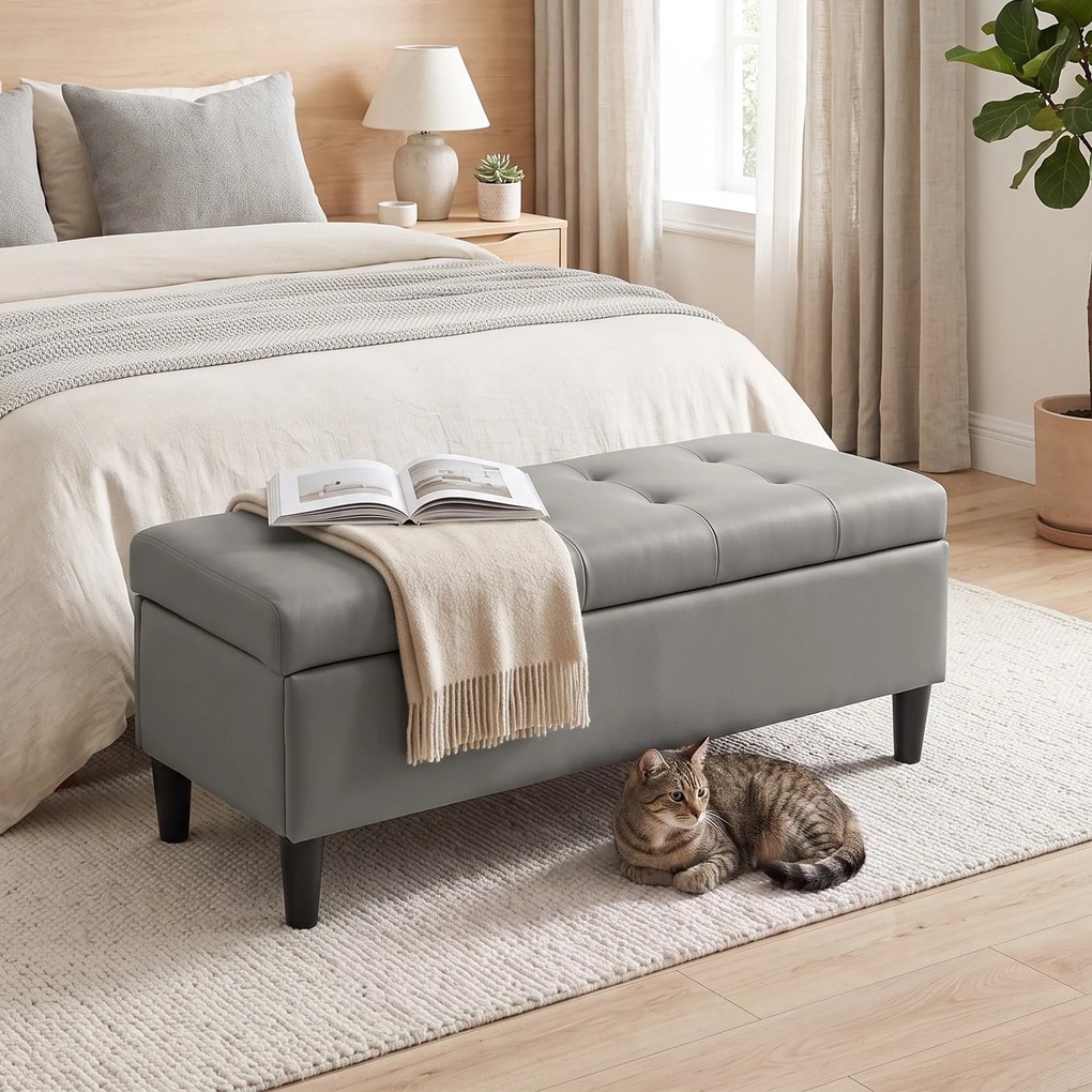 HOMCOM Bancă cu depozitare 136 L, 110x41x42 cm, piele ecologică potrivită pentru animale de companie, gri | Aosom Romania