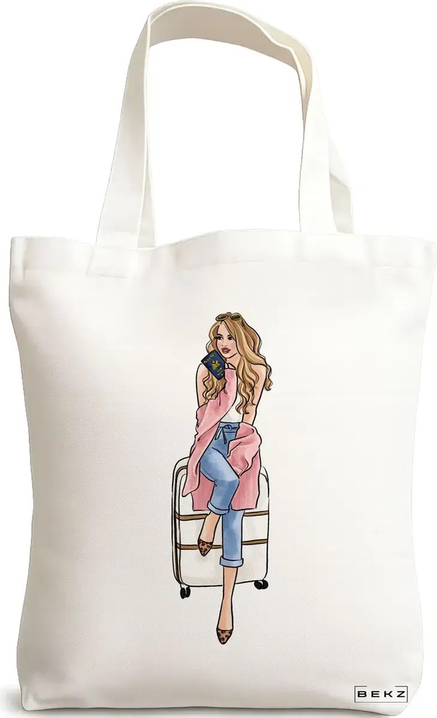 Sacosa de Panza pentru Cumparaturi, Geanta Tote Travel Girl 2, 38x34.5 cm, Alba, BEKZ®