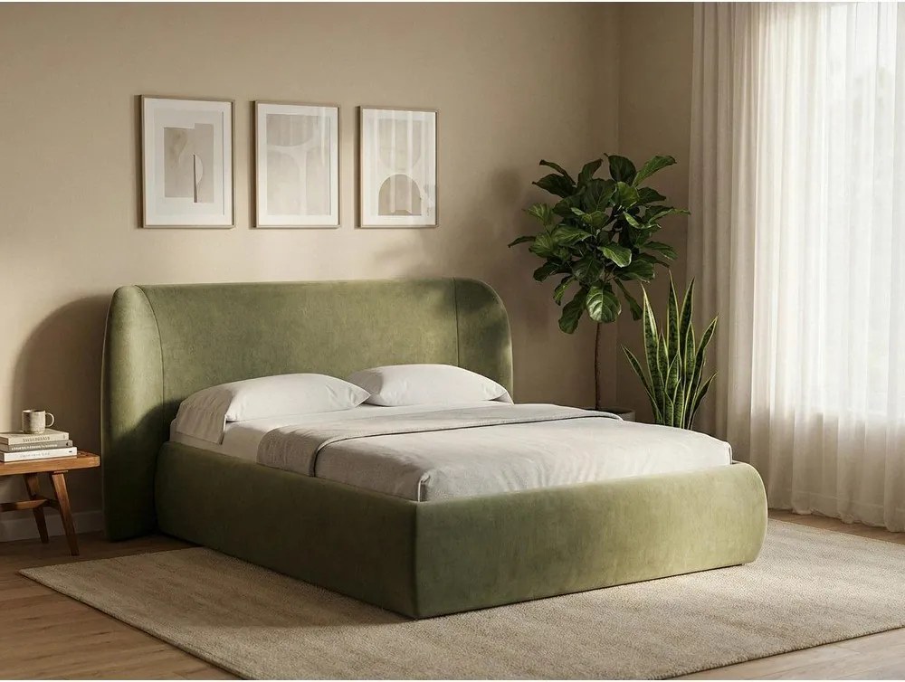 Pat matrimonial gri tapițat cu spațiu de depozitare cu somieră 180x200 cm Hauke – Makamii