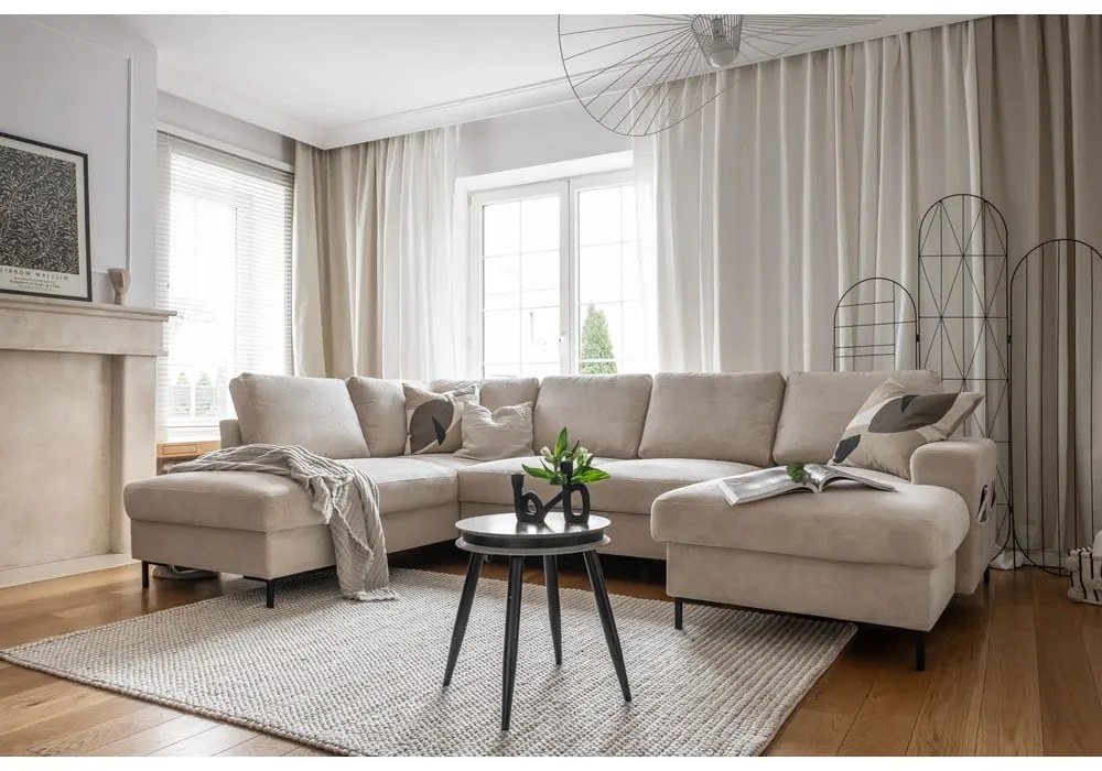 Colțar bej extensibil cu tapițerie din catifea reiată (cu colț pe partea stângă ) Lofty Lilly – Miuform