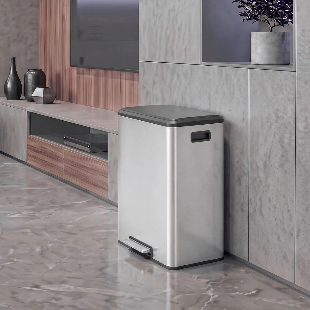 HOMCOM Coș de bucătărie 2 x 30 L, cu pedală, din oțel inoxidabil, găleți detașabile și capac soft-close, argintiu | Aosom Romania