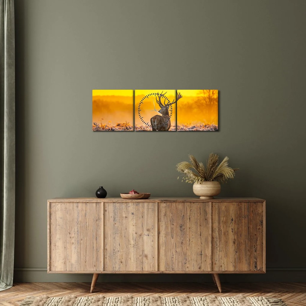Tablou - Cerb la răsăritul soarelui (cu ceas) (90x30 cm)
