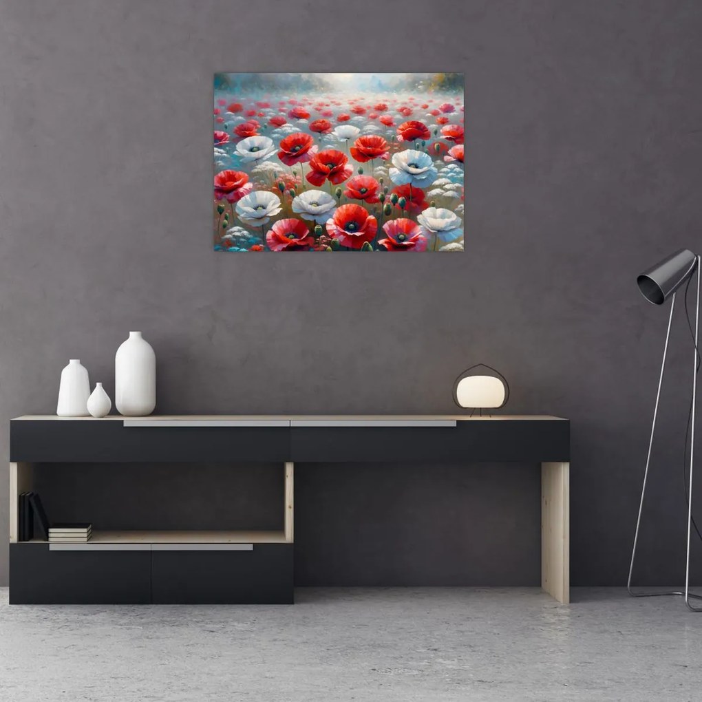 Tablou pe sticlă - Câmp de maci (70x50 cm)