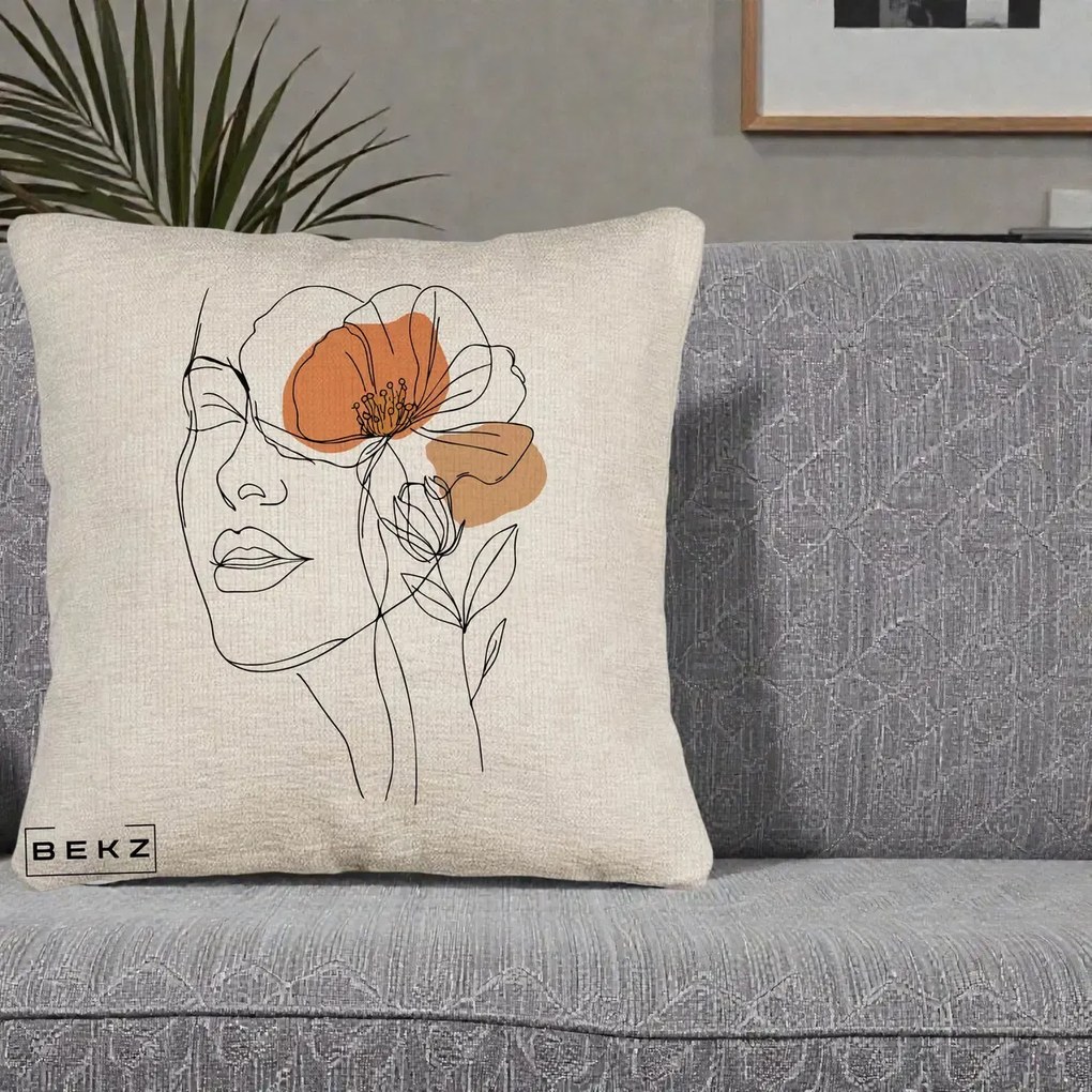 Perna Decorativa Portret Feminin Mac Profilat, 40x40 cm, Bej Canapea, Husa Detasabila, Perna Inclusa, BEKZ®