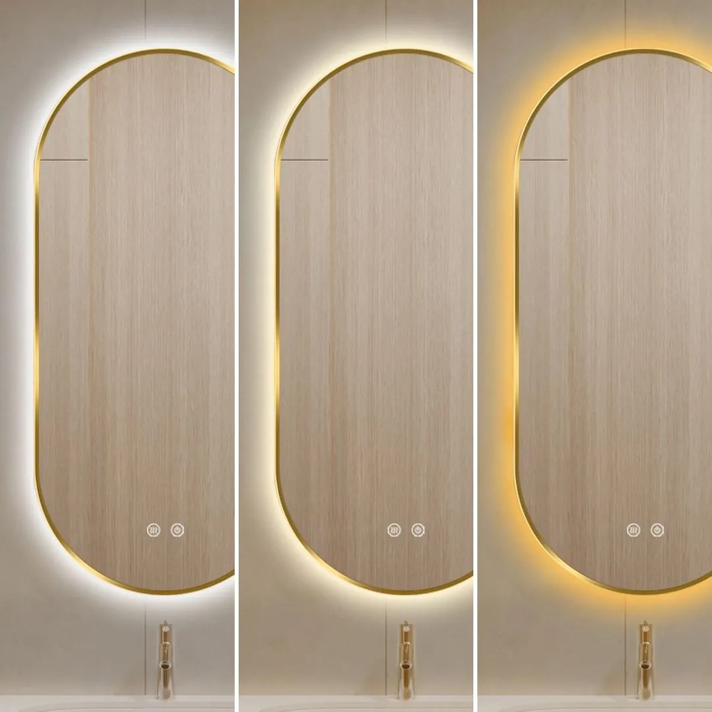 Oglindă LED Touch Premium, Dezaburire, Rama Auriu, 3 Tipuri Lumină 50/100 cm