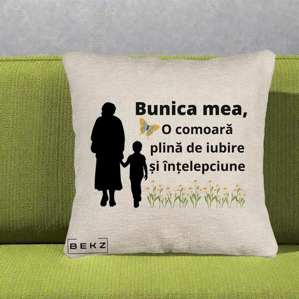 Cadou pentru Bunica - Perna Personalizata Bunica Mea Comoara cu Fluture si Baietel, 40x40 cm, Bej Canapea, Husa Detasabila, Perna Inclusa, BEKZ®