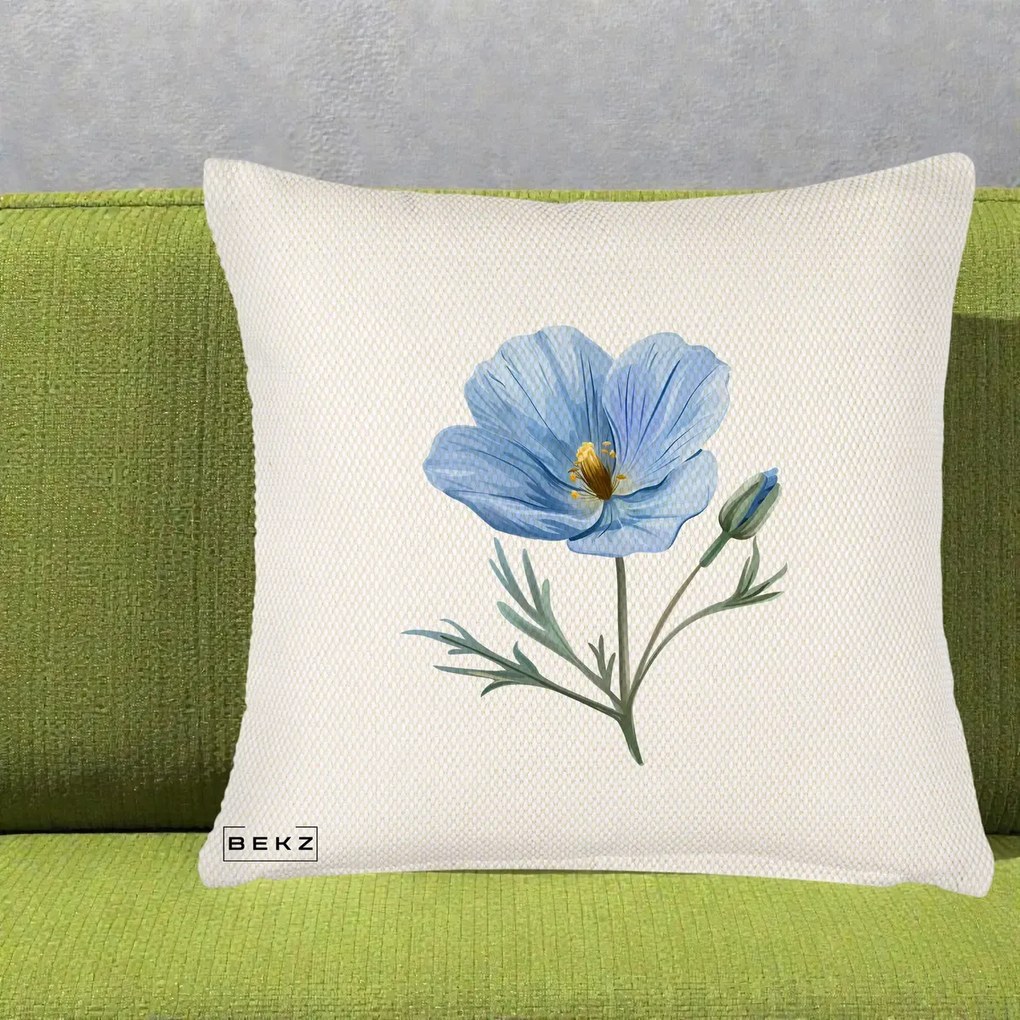 Perna Decorativa Mac Albastru Acuarela, 40x40 cm, Crem Reliefat, Husa Detasabila, Perna Inclusa, BEKZ®