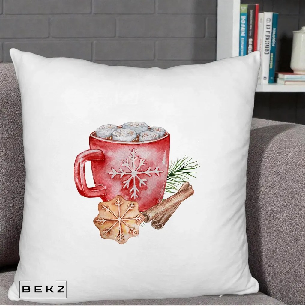 Perna Decorativa Cacao de Iarna cu Biscuit, 40x40 cm, Alb Pufos, Husa Detasabila, Perna Inclusa, BEKZ®